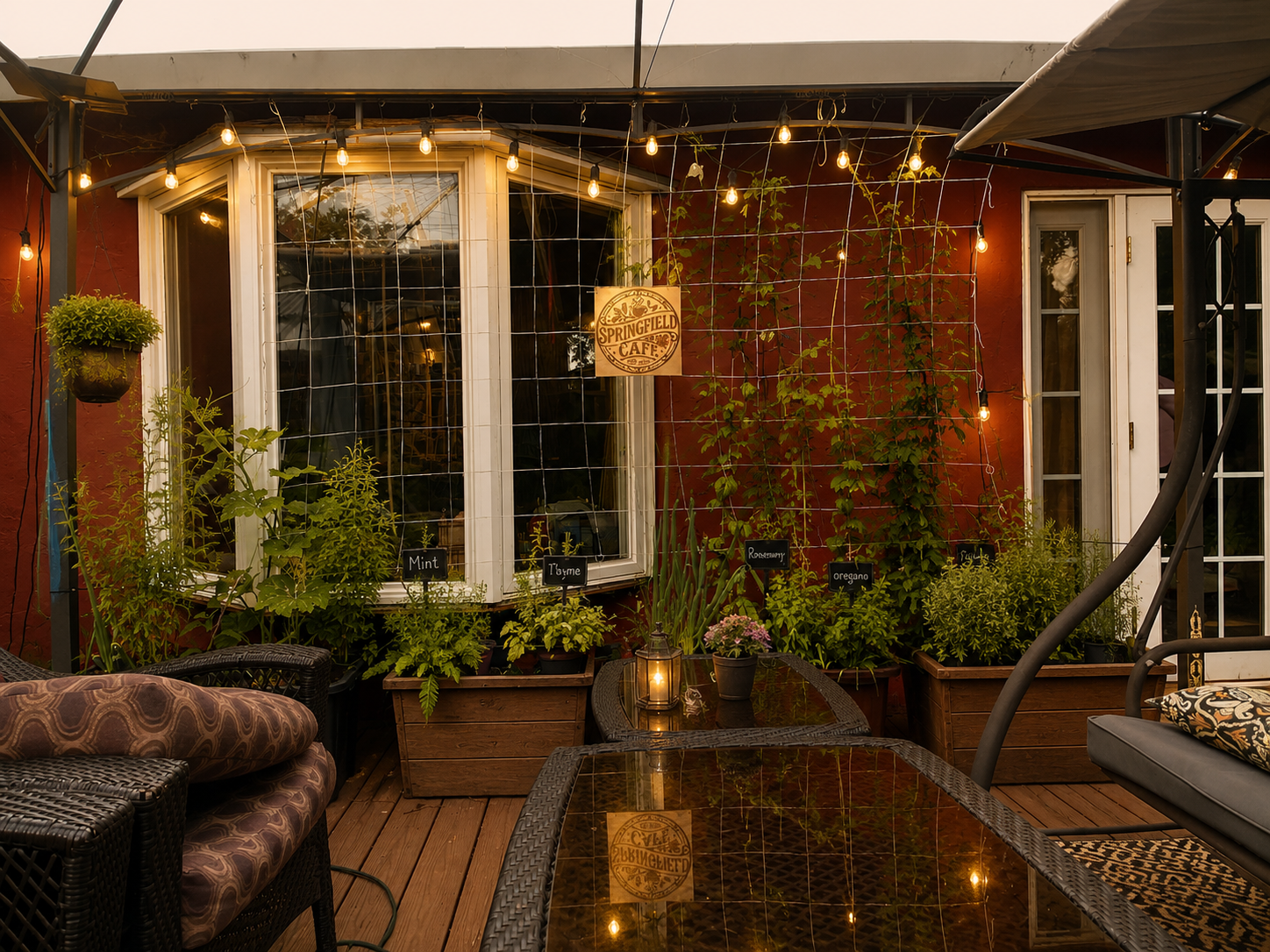 Springfield Cafe cozy backyard patio with string lights, herb garden, and the cafe logo on the wall